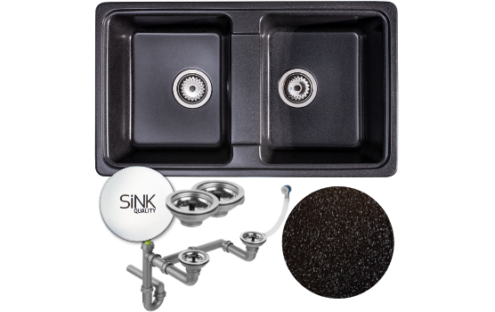 Zestaw: zlew SAPPHIRE 2KBO czarny metalik + syfon
