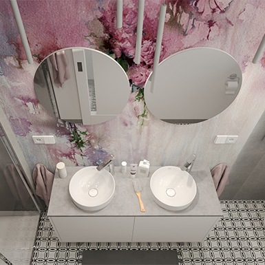 Szara łazienka z kolorową fototapetą