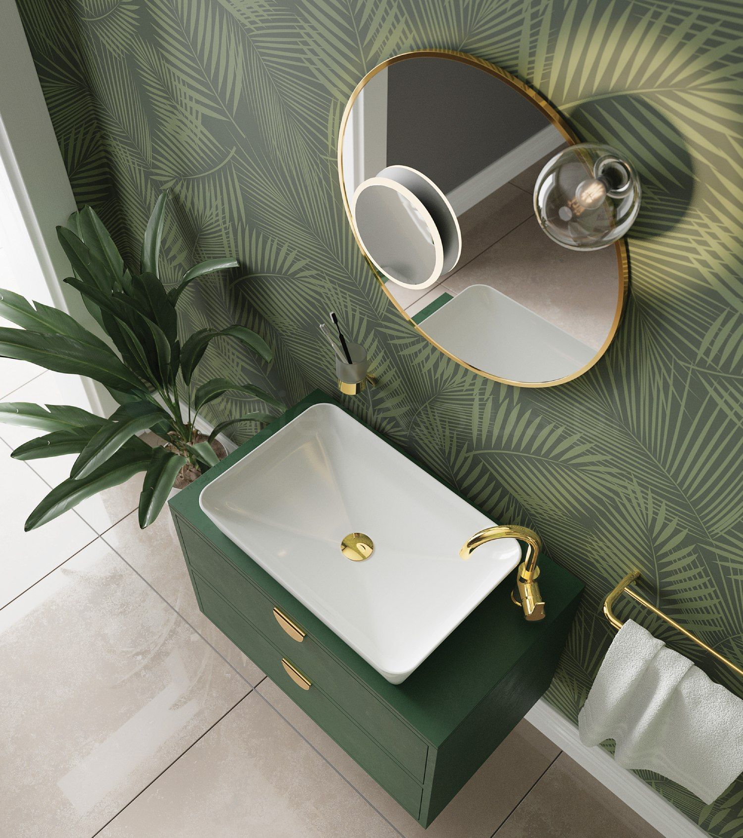 Zielona łazienka ze złotymi akcentami