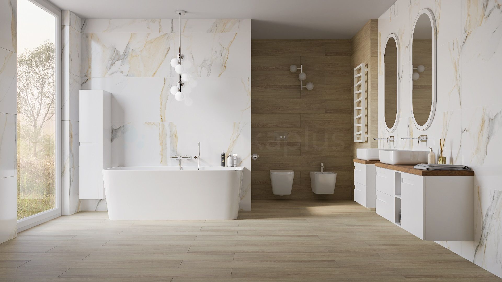 Przestronna nowoczesna łazienka w drewnie i bieli