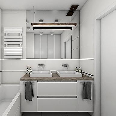 Biała łazienka z drewnem i dwiema umywalkami