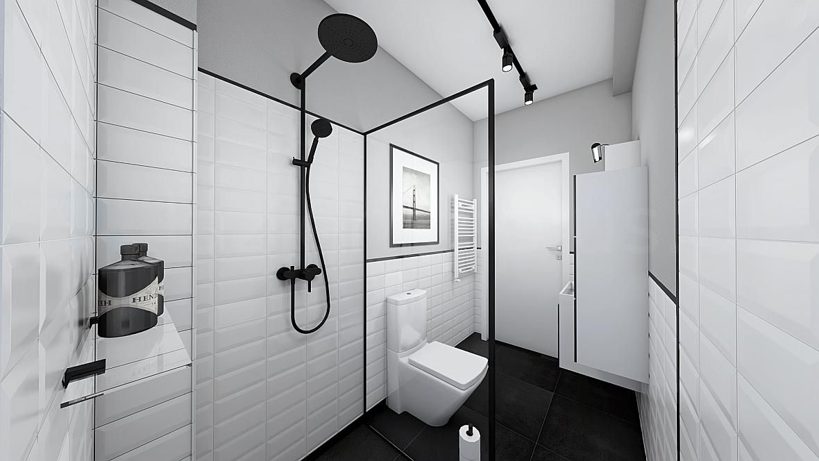 Łazienka ze ścianką prysznicową w czarnej ramie