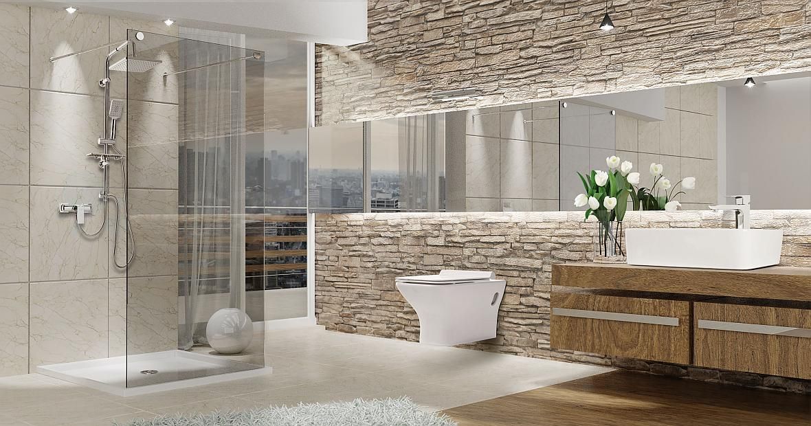 Invena Nyks - nowoczesna łazienka z cegłą