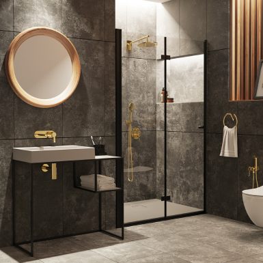Nieoczywiste połączenie kolorów i faktur w nowoczesnej łazience