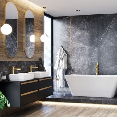 Modernistyczna łazienka ze złotymi akcentami
