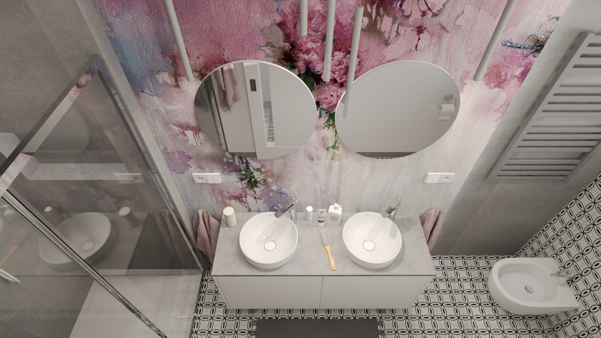 Szara łazienka z kolorową fototapetą