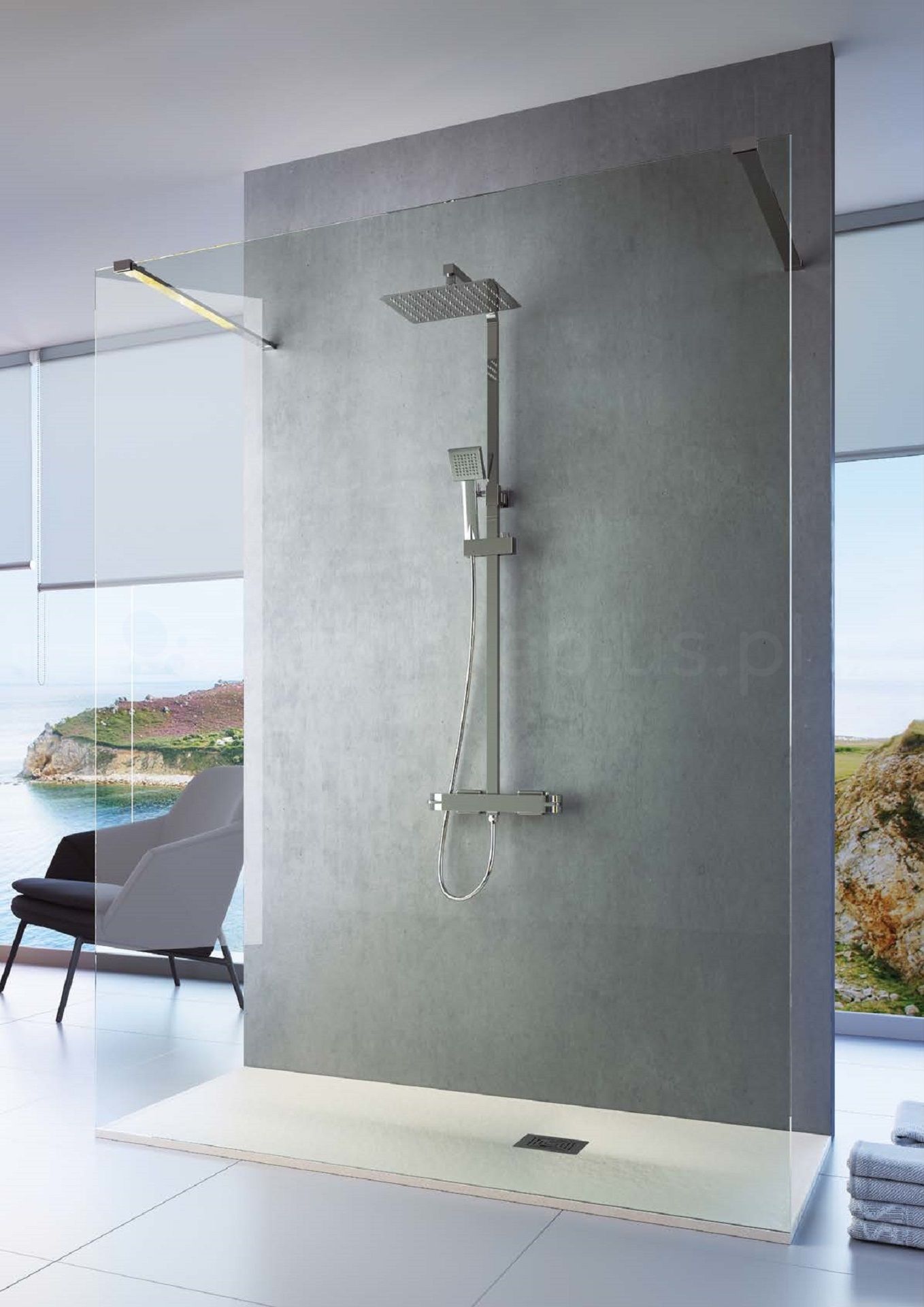 Łazienka z betonowymi elementami i  niestandardowym prysznicem