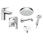 Hansgrohe Logis zestaw bateria umywalkowa i wannowo-prysznicowa z kompletem natryskowym i deszczownicą chrom (71100000, 71405000, 26577400, 27412000, 26666400, 26457000)
