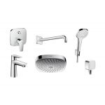 Zestaw Hansgrohe Talis E bateria wannowa i umywalkowa z deszczownicą ścienną i zestawem prysznicowym Croma (71745000, 71710000, 26524400, 27446000, 26425400, 26457000)