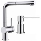 Zestaw Blanco Linus-S bateria kuchenna stojąca z dozownikiem na płyny Blanco Lato chrom (512402, 525808)