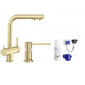 Zestaw Blanco Fontas II bateria kuchenna stojąca dozownik do płynu 300 ml blatowy złoty satynowy z zestawem filtrującym wodę (526692, 526699, 527453)
