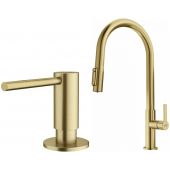 Zestaw Franke Maris Slim Clear Water J Pull-Out bateria kuchenna stojąca z dozownikiem do płynów 350 ml złoto (1200736601, 1120717105)