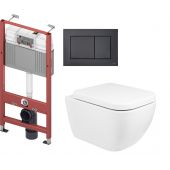 Zestaw Oltens Vernal miska WC wisząca z deską wolnoopadającą i stelaż podtynkowy Tece Base z przyciskiem Now biały/czarny mat (9400407, 42002000, 45103000, 9240407)