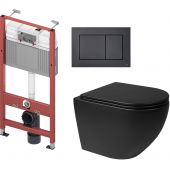 Zestaw Oltens Hamnes miska WC wisząca z deską wolnoopadającą i stelaż podtynkowy Tece Base z przyciskiem Now czarny mat (9400407, 42513300, 45100300, 9240407)