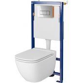 Zestaw Cersanit Caspia New miska WC CleanOn z deską wolnoopadającą Slim i stelaż podtynkowy Tech Line Opti z przyciskiem spłukującym chrom błyszczący S701-652