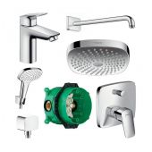 Zestaw Hansgrohe Logis bateria umywalkowa i wannowo-prysznicowa podtynkowa z kompletem natryskowym i deszczownicą (71100000, 01800180, 71405000, 26524400, 27446000, 26425400, 26457000)