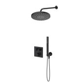Zestaw Oltens Onega (S) bateria wannowo-prysznicowa podtynkowa termostatyczna z deszczownicą 25 cm Pluva i kompletem prysznicowym Ume czarny mat 36657300