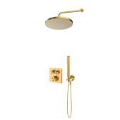 Zestaw Oltens Onega (S) bateria wannowo-prysznicowa podtynkowa termostatyczna z deszczownicą 25 cm Pluva i kompletem prysznicowym Ume złoto szczotkowane 36657810