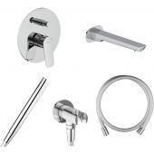 Zestaw Oltens Vernal bateria wannowo-prysznicowa podtynkowa z kompletem natryskowym i wylewką chrom (34104100, 37102100, 37200100, 39304100, 39102100)