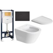 Zestaw Duravit SensoWash D-Neo Compact miska WC Rimless WonderGliss z deską wolnoopadającą i stelaż podtynkowy DuraSystem z przyciskiem czarnym (25880900001, 0021690000, WD1029000000, WD5010031000)