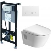 Zestaw Duravit DuraSystem stelaż podtynkowy z przyciskiem spłukującym białym i miską WC Rimless D-Neo Compact z deską wolnoopadającą (WD1011000000, WD5001011000, 45870900A1)