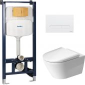 Zestaw Duravit DuraSystem stelaż podtynkowy z przyciskiem spłukującym białym i miską WC Rimless D-Neo z deską wolnoopadającą (WD102900000, WD5009011000, 45770900A1)