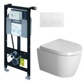 Zestaw Duravit DuraSystem stelaż podtynkowy z przyciskiem spłukującym białym i miską WC Rimless ME by Starck z deską wolnoopadającą (WD1011000000, WD5001011000, 45300900A1)