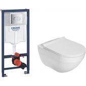 Grohe Solido stelaż podtynkowy z przyciskiem spłukującym chrom i miska WC Roca Hebe Rimless z deską wolnoopadającą białą (38981000, A34H138000)