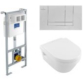 Zestaw Villeroy & Boch Architectura combi-Pack miska WC bezkołnierzowa wisząca z deską wolnoopadającą Weiss Alpin i stelaż podtynkowy ViConnect z przyciskiem spłukującym chrom (5684HR01, 92214200, 92214361)