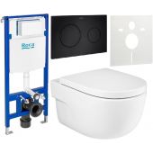 Zestaw Roca Meridian miska WC wisząca Rimless z deską sedesową wolnoopadającą i stelaż podtynkowy Duplo One z przyciskiem spłukującym PL10 czarny mat (A34624L000, A8012A200B, A890070020, A890189206, A890063000)
