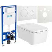 Zestaw Roca Inspira Square miska WC wisząca Rimless z deską sedesową wolnoopadającą i stelaż podtynkowy Duplo One z przyciskiem spłukującym PL10 biały mat (A346537620, A80153262B, A890070020, A890189207, A890063000)