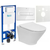 Zestaw Roca Gap Round Compacto miska WC Supraglaze wisząca Rimless z deską sedesową wolnoopadającą i stelaż podtynkowy Duplo One z przyciskiem spłukującym PL1 białym (A3460NBS00, A801D22001, A890070020, A890195000, A890063000)
