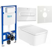 Zestaw Roca Inspira Square miska WC wisząca Supraglaze z deską sedesową wolnoopadającą i stelaż podtynkowy Duplo One z przyciskiem spłukującym PL1 białym (A346537S00, A80153200B, A890070020, A890195000, A890063000)