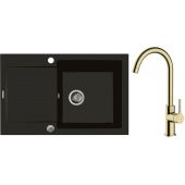 Zestaw Oltens Gravan zlewozmywak granitowy 1-komorowy 79x50 cm z baterią kuchenną Skafta czarny mat/złoty połysk (72100300, 35206800)