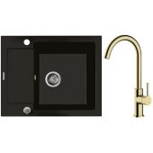 Zestaw Oltens Gravan zlewozmywak granitowy 1-komorowy 62x50 cm z baterią kuchenną Skafta czarny mat/złoty połysk (72102300, 35206800)