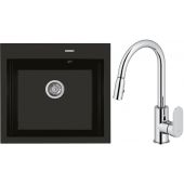 Zestaw Oltens Gravan zlewozmywak granitowy 1-komorowy 57x51,5 cm z baterią kuchenną Lista czarny mat/chrom (72000300, 35202100)