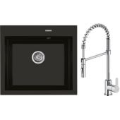 Zestaw Oltens Gravan zlewozmywak granitowy 1-komorowy 57x51,5 cm z baterią kuchenną Duf czarny mat/chrom (72000300, 35203100)