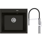 Zestaw Oltens Gravan zlewozmywak granitowy 1-komorowy 57x51,5 cm z baterią kuchenną Broga czarny mat/chrom (72000300, 35207100)