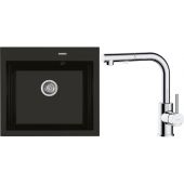 Zestaw Oltens Gravan zlewozmywak granitowy 1-komorowy 57x51,5 cm z baterią kuchenną Myvat czarny mat/chrom (72000300, 35205100)