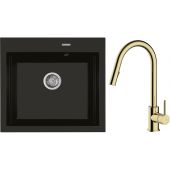 Zestaw Oltens Gravan zlewozmywak granitowy 1-komorowy 57x51,5 cm z baterią kuchenną Litla czarny mat/złoty połysk (72000300, 35204800)