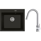 Zestaw Oltens Gravan zlewozmywak granitowy 1-komorowy 57x51,5 cm z baterią kuchenną Litla czarny mat/chrom (72000300, 35204100)