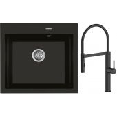 Zestaw Oltens Gravan zlewozmywak granitowy 1-komorowy 57x51,5 cm z baterią kuchenną Borga czarny mat (72000300, 35207300)
