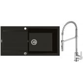 Zestaw Oltens Gravan zlewozmywak granitowy 1-komorowy 100x50 cm z baterią kuchenną Duf czarny mat/chrom (72101300, 35203100)