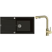 Zestaw Oltens Gravan zlewozmywak granitowy 1-komorowy 100x50 cm z baterią kuchenną Myvat czarny mat/złoty połysk (72101300, 35205800)