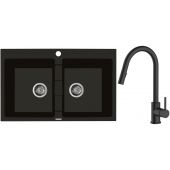 Zestaw Oltens Gravan zlewozmywak granitowy 2-komorowy 78x50 cm z baterią kuchenną Litla czarny mat (72400300, 35204300)