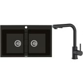 Zestaw Oltens Gravan zlewozmywak granitowy 2-komorowy 78x50 cm z baterią kuchenną Myvat czarny mat (72400300, 35205300)