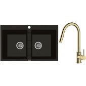 Zestaw Oltens Gravan zlewozmywak granitowy 2-komorowy 78x50 cm z baterią kuchenną Litla czarny mat/złoty połysk (72400300, 35204800)