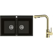 Zestaw Oltens Gravan zlewozmywak granitowy 2-komorowy 78x50 cm z baterią kuchenną Myvat czarny mat/złoty połysk (72400300, 35205800)
