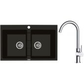Zestaw Oltens Gravan zlewozmywak granitowy 2-komorowy 78x50 cm z baterią kuchenną Skafta czarny mat/chrom (72400300, 35206100)