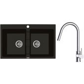 Zestaw Oltens Gravan zlewozmywak granitowy 2-komorowy 78x50 cm z baterią kuchenną Litla czarny mat/chrom (72400300, 35204100)